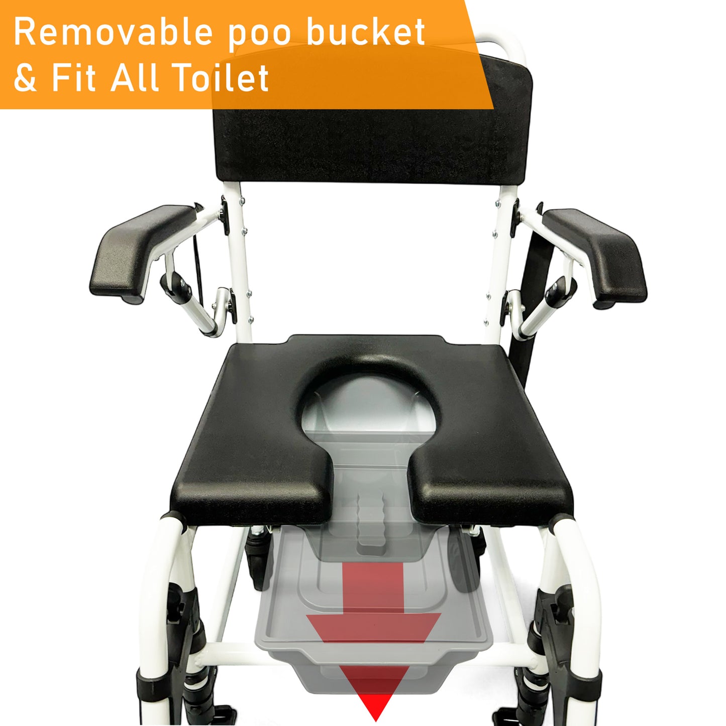 ViN K08 | Shower Commode Indoor Wheelchair - Adjustable height + 4 Lockable Rotation Wheels + Flip Up Armrest + Flip/Detach Footrest