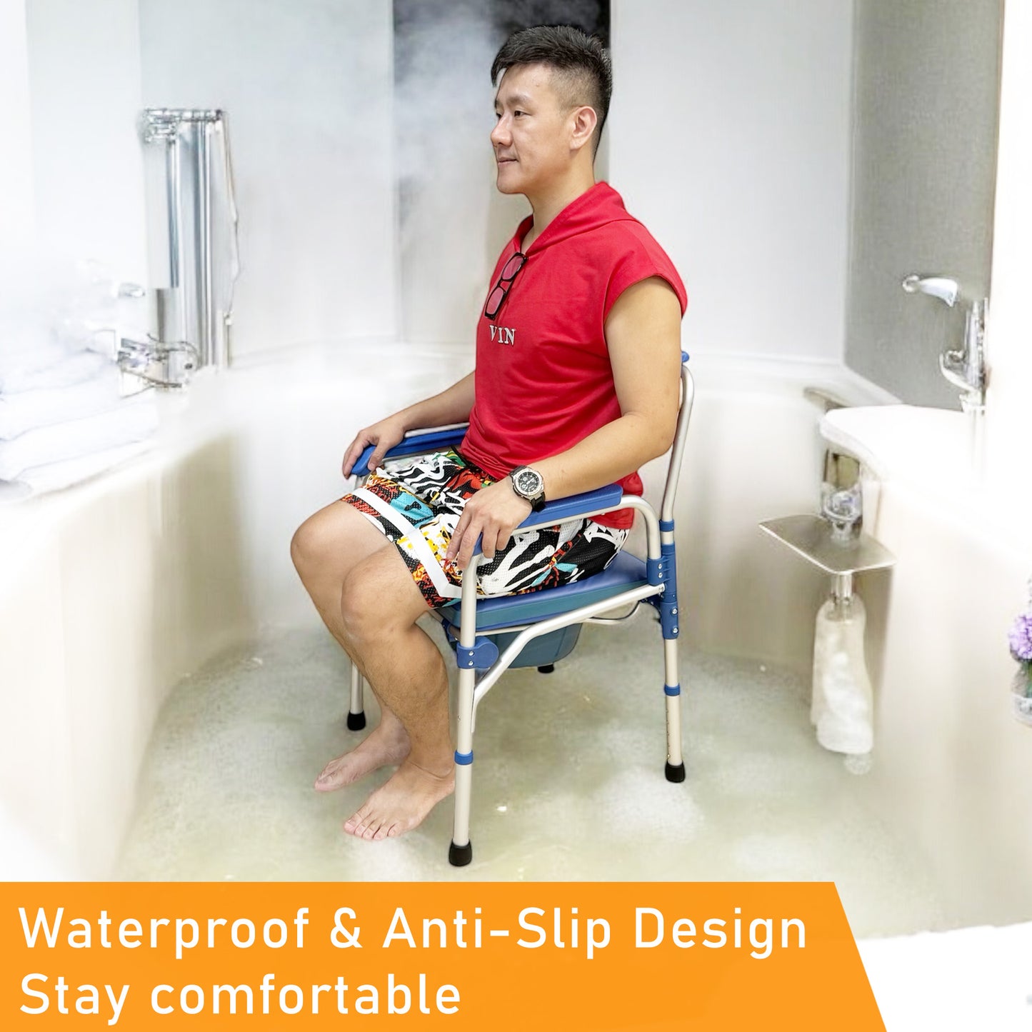 ViN K01B | Commode Shower Chair - Foldable + Adjustable Height + Stationery + Anti Rust