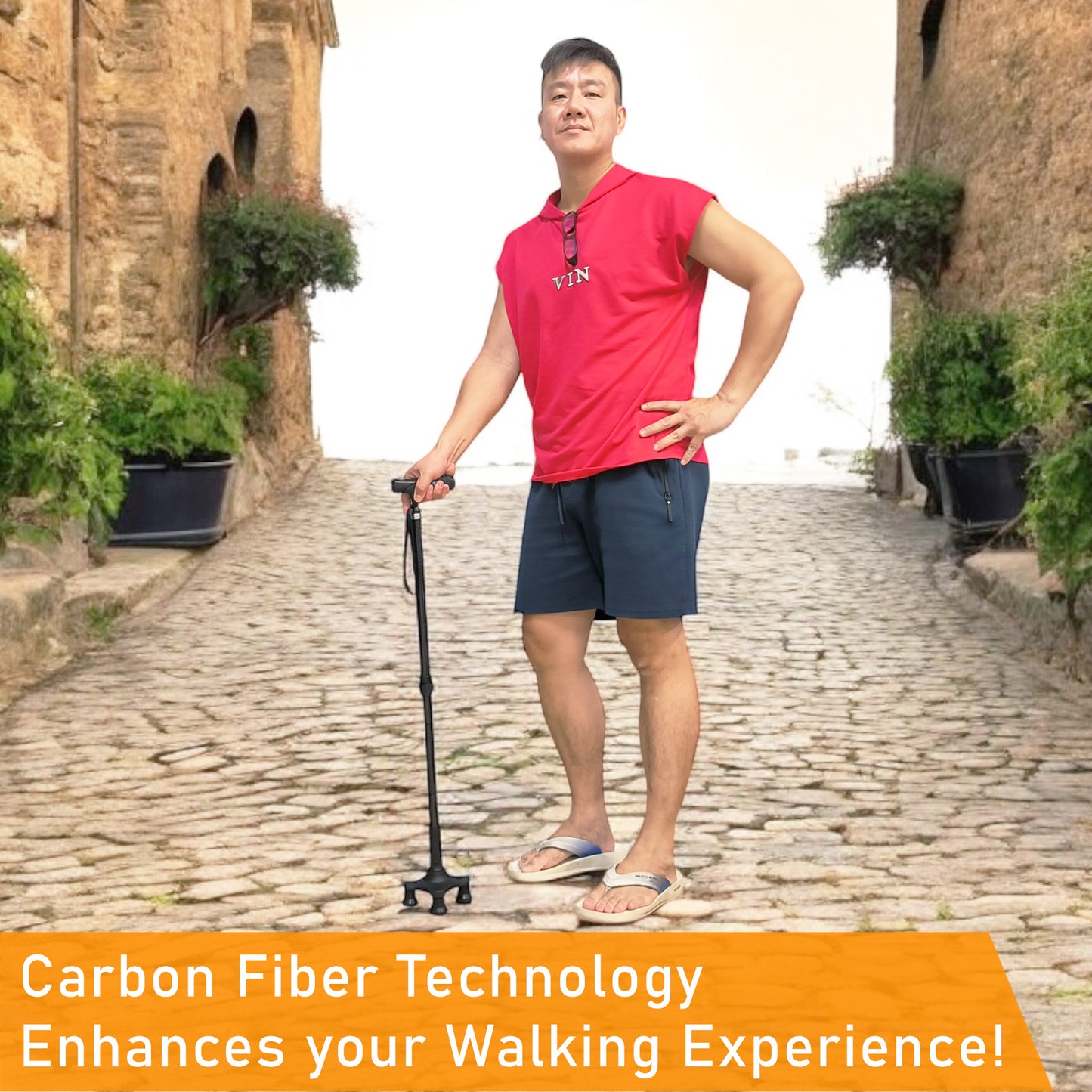 ViN WS05 | Carbon Fiber Cane + 10 Section Adjustable + With Lights + Foldable +  Anti-Slip + Safety Strap + 360-degree Rotation