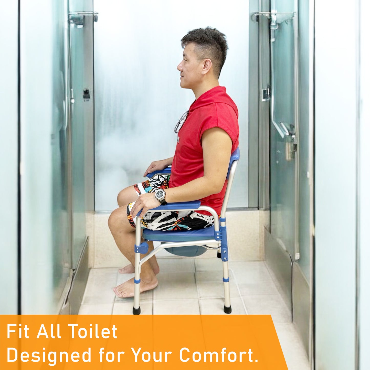 ViN K01B | Commode Shower Chair - Foldable + Adjustable Height + Stationery + Anti Rust