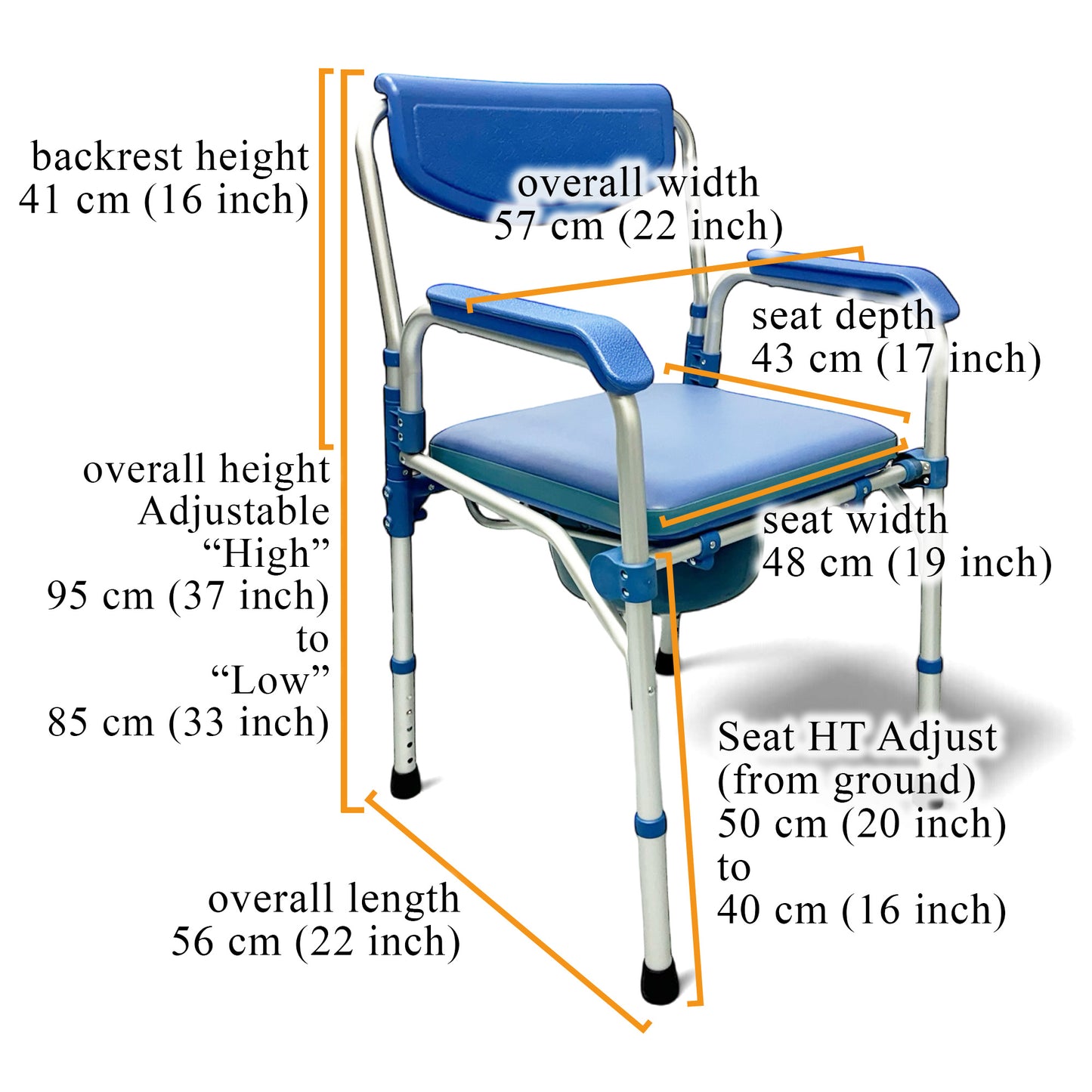 ViN K01B | Commode Shower Chair - Foldable + Adjustable Height + Stationery + Anti Rust