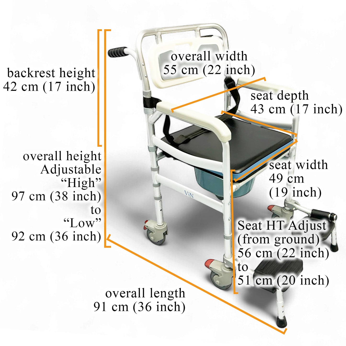 ViN J02 | Shower Commode Indoor Wheelchair + Adjustable height + 4 Lockable Wheels