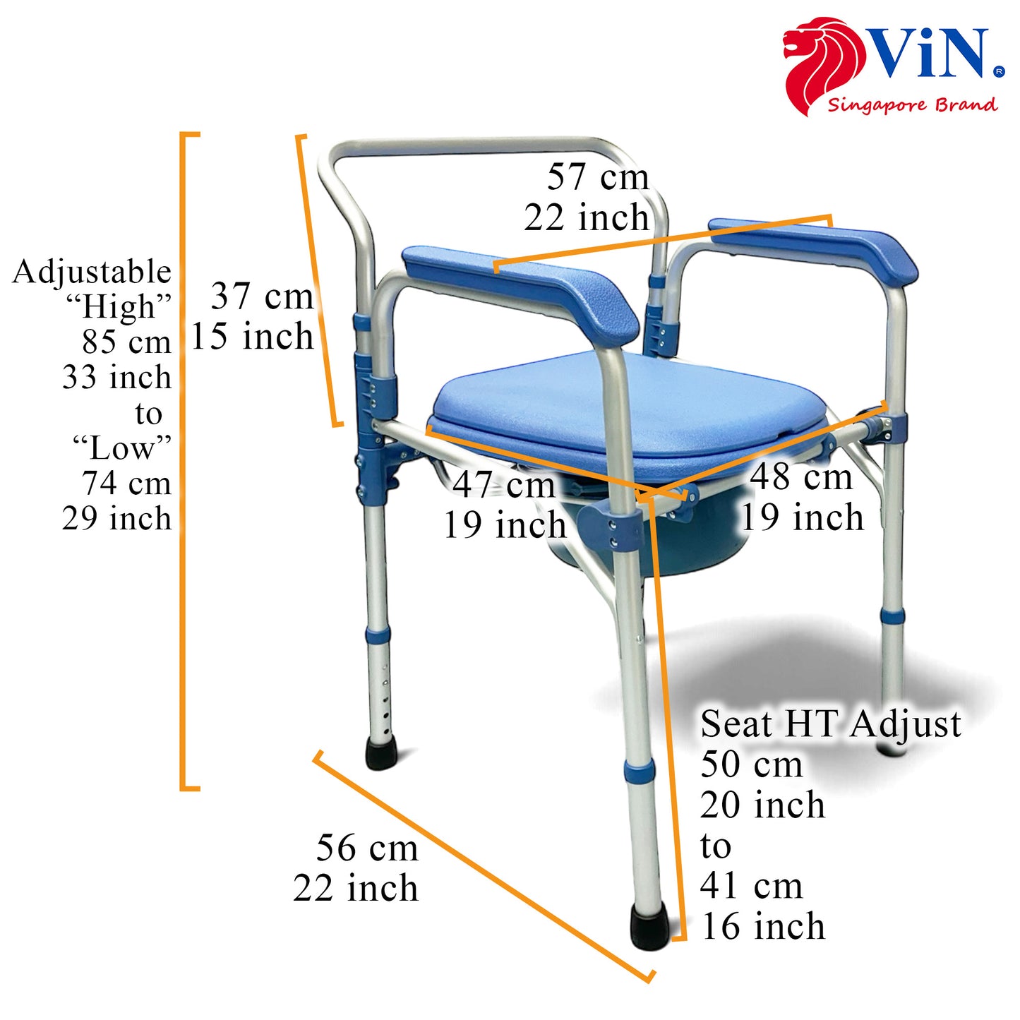 ViN K01 | Commode Shower Chair - Foldable + Adjustable Height + Stationery + Anti Rust