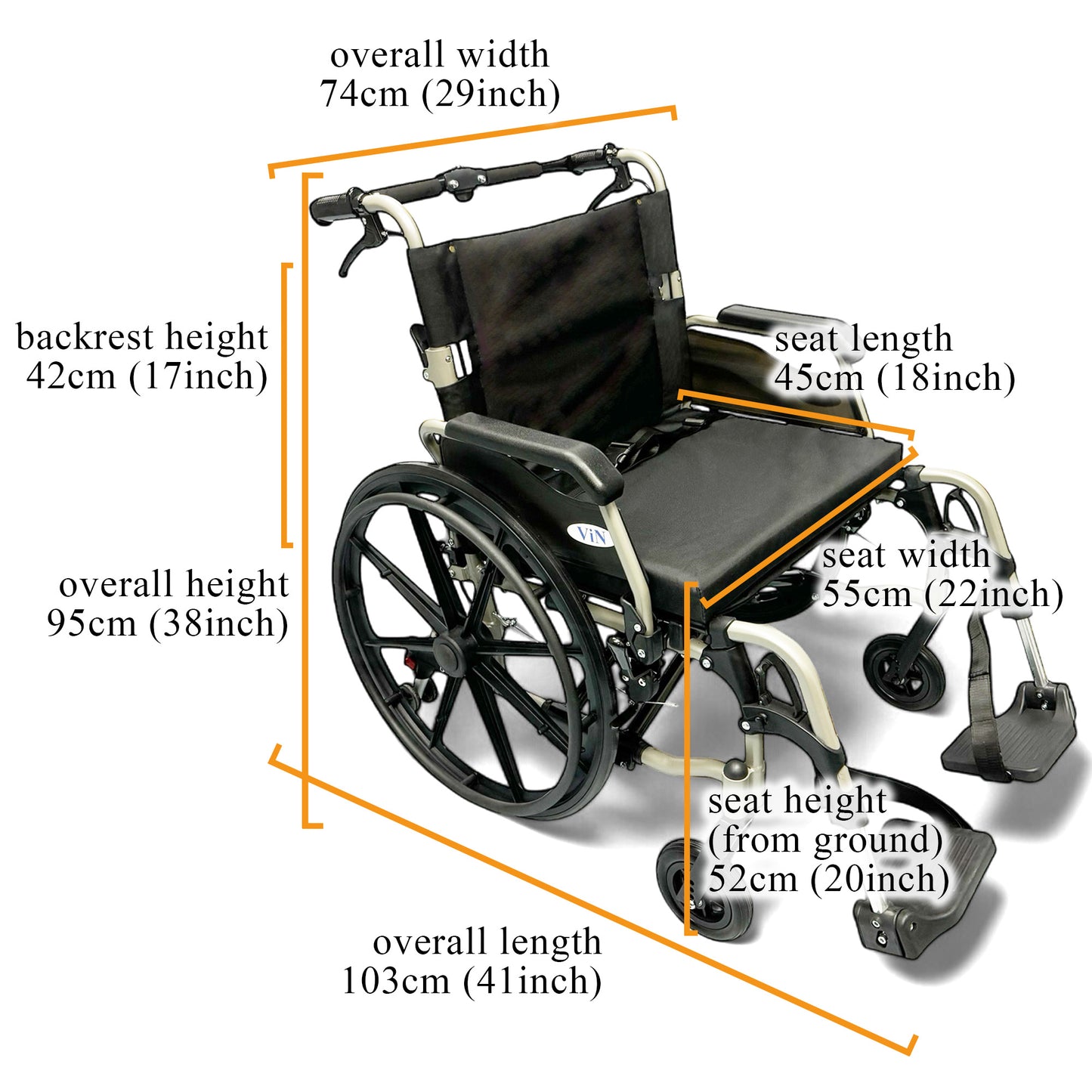 ViN 46AL | BIG Wheelchair - Hold 150 KG + 56 CM Seat Width + Self Propelled - Armrest & Leg Rest Detachable