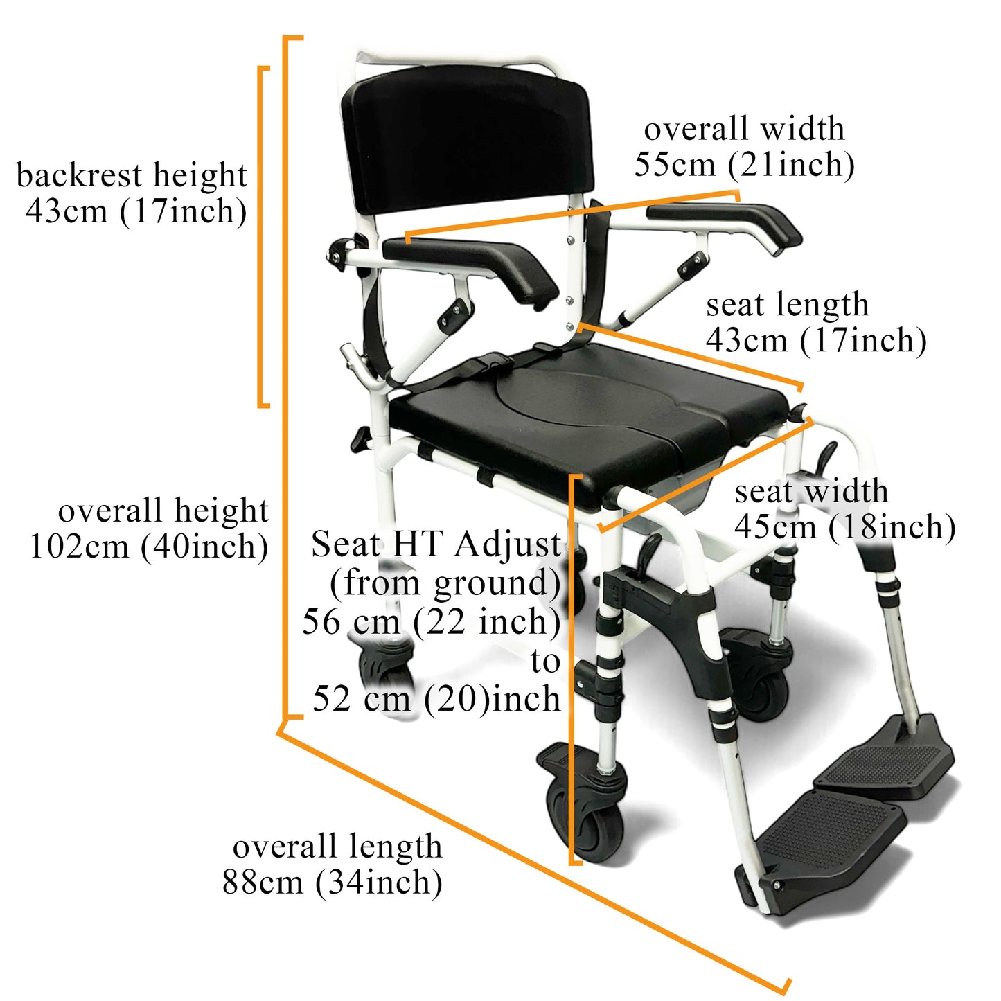 ViN K08 | Shower Commode Indoor Wheelchair - Adjustable height + 4 Lockable Rotation Wheels + Flip Up Armrest + Flip/Detach Footrest