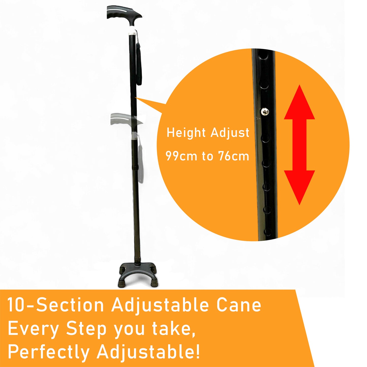 ViN WS02 | Aluminum Cane + 10 Section Adjustable + Offset Base Design + Anti-Slip + Safety Strap