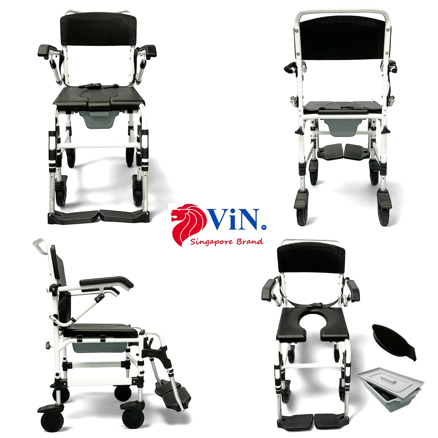 ViN K08 | Shower Commode Indoor Wheelchair - Adjustable height + 4 Lockable Rotation Wheels + Flip Up Armrest + Flip/Detach Footrest