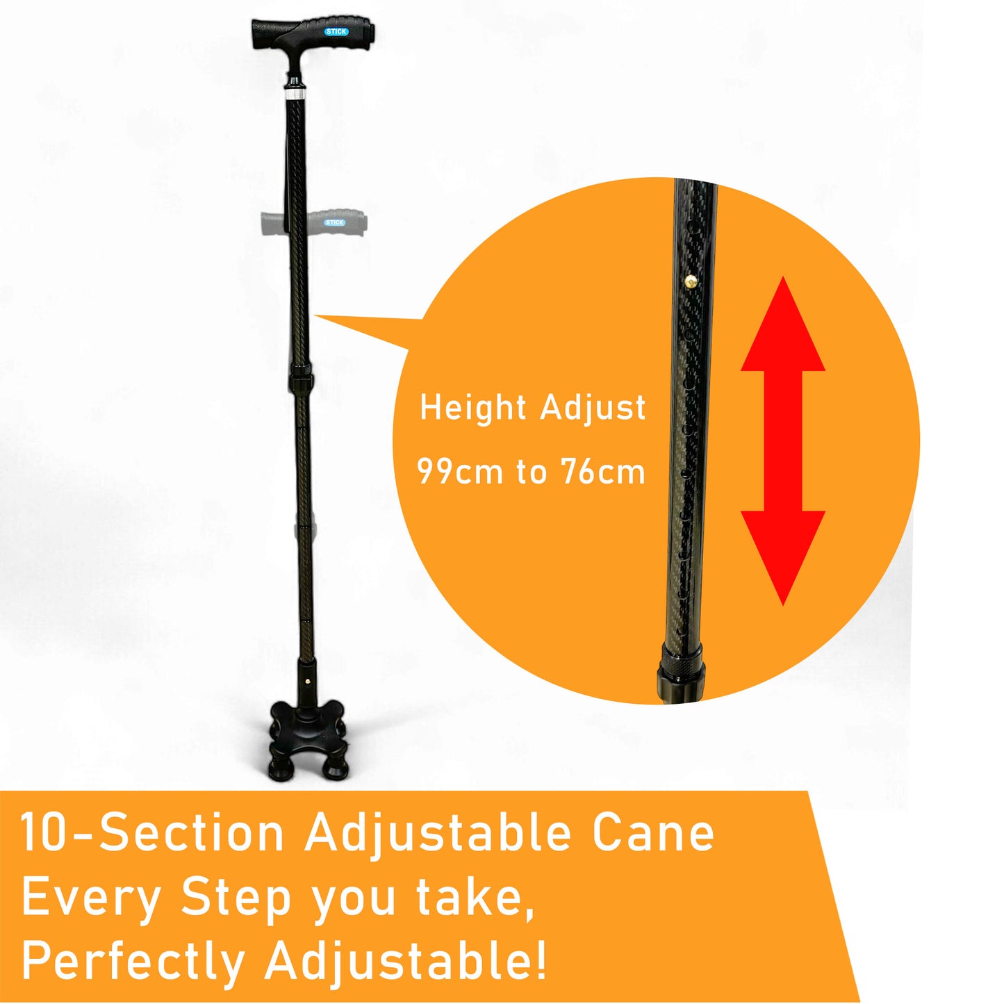 ViN WS05 | Carbon Fiber Cane + 10 Section Adjustable + With Lights + Foldable +  Anti-Slip + Safety Strap + 360-degree Rotation