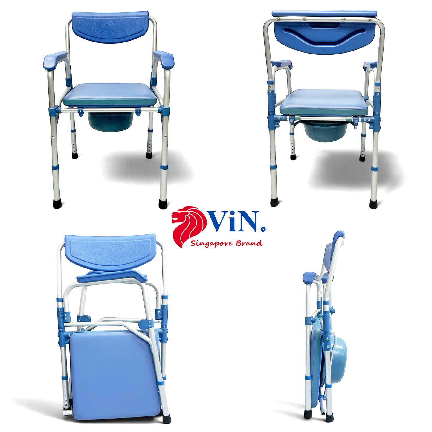 ViN K01B | Commode Shower Chair - Foldable + Adjustable Height + Stationery + Anti Rust