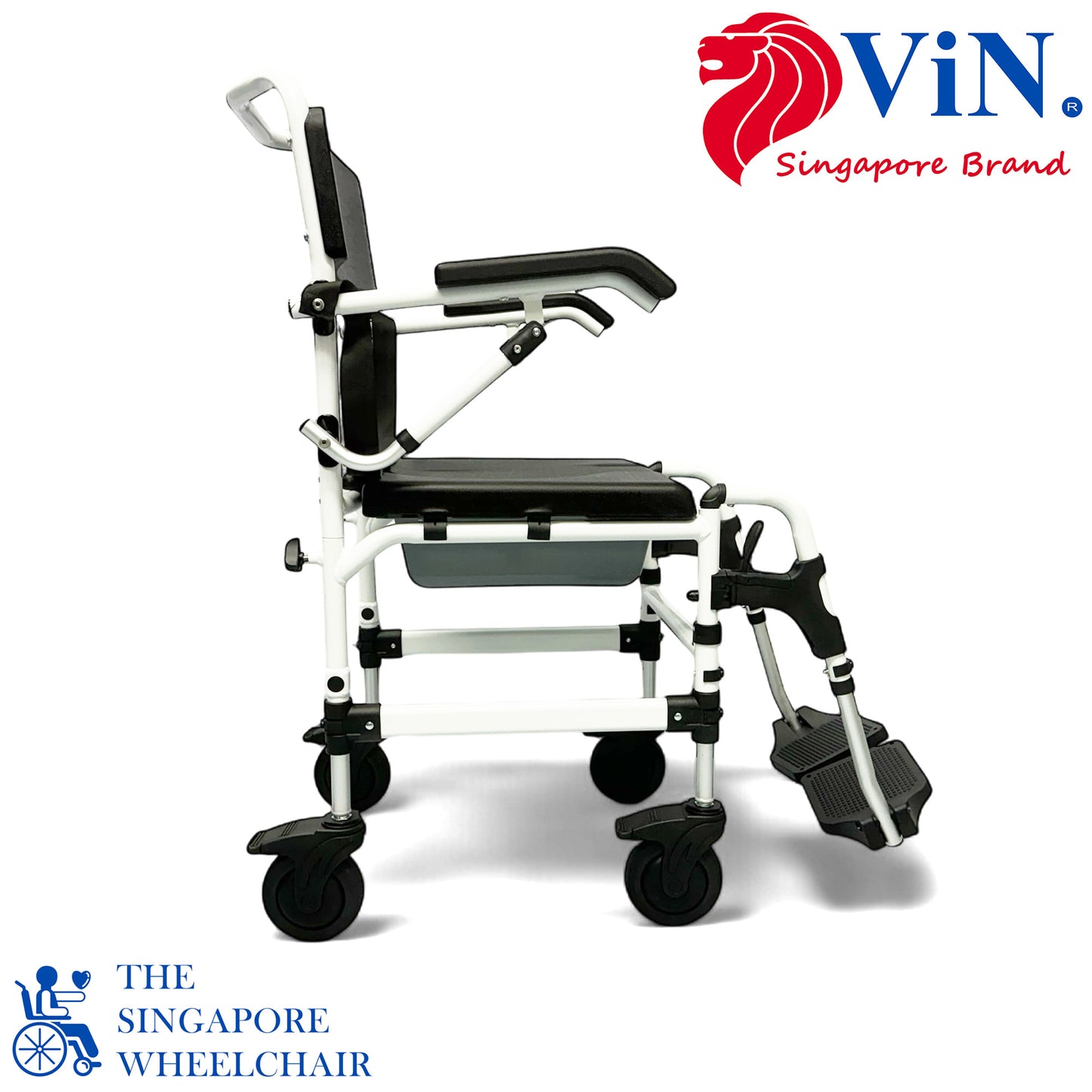 ViN K08 | Shower Commode Indoor Wheelchair - Adjustable height + 4 Lockable Rotation Wheels + Flip Up Armrest + Flip/Detach Footrest