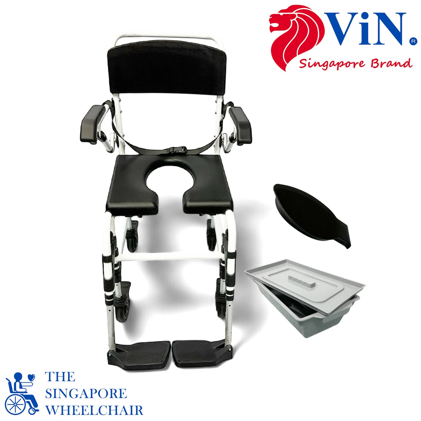 ViN K08 | Shower Commode Indoor Wheelchair - Adjustable height + 4 Lockable Rotation Wheels + Flip Up Armrest + Flip/Detach Footrest