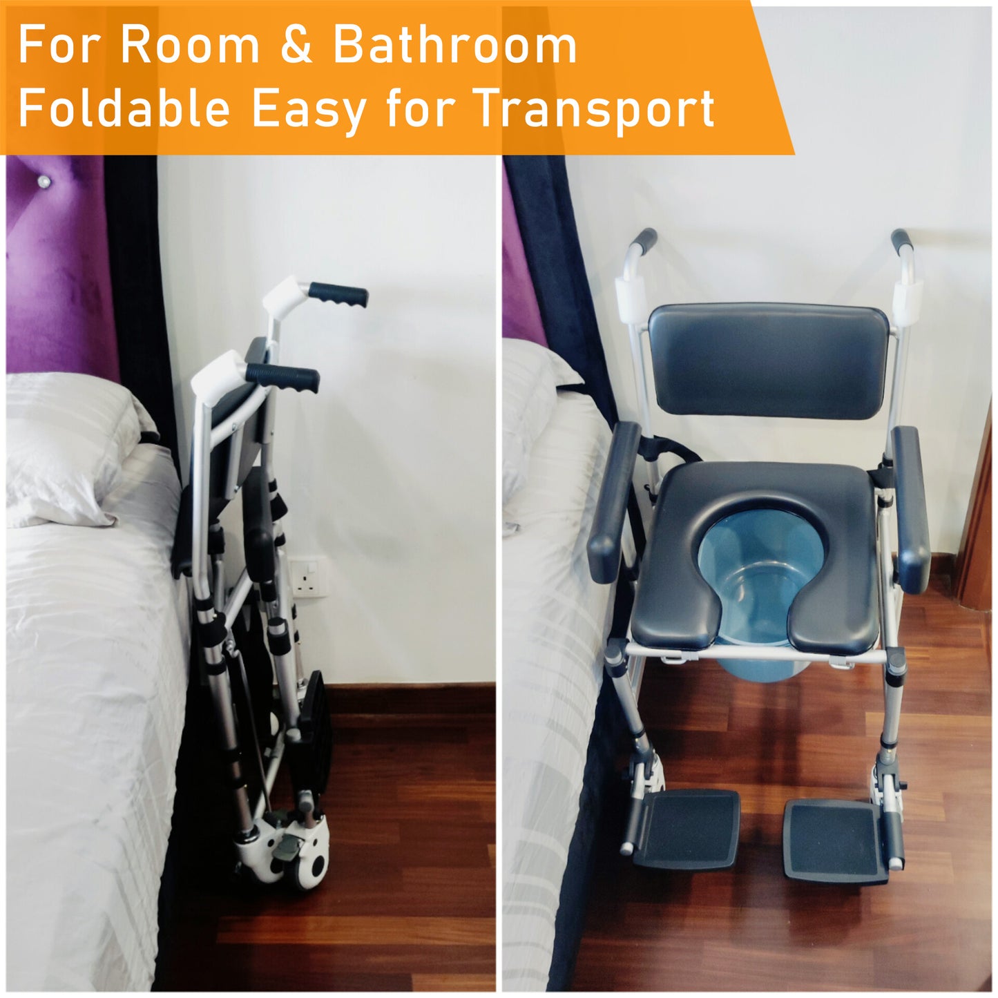 ViN Z05 | Shower Commode Indoor Wheelchair - Foldable + Adjustable height + 4 Lockable Wheels - Flip Down Armrest