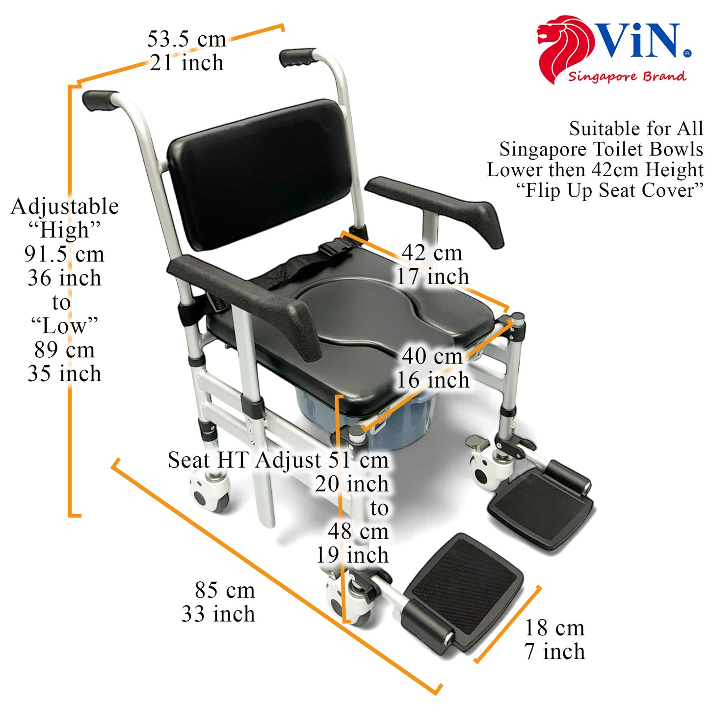 ViN Z05 | Shower Commode Indoor Wheelchair - Foldable + Adjustable height + 4 Lockable Wheels - Flip Down Armrest