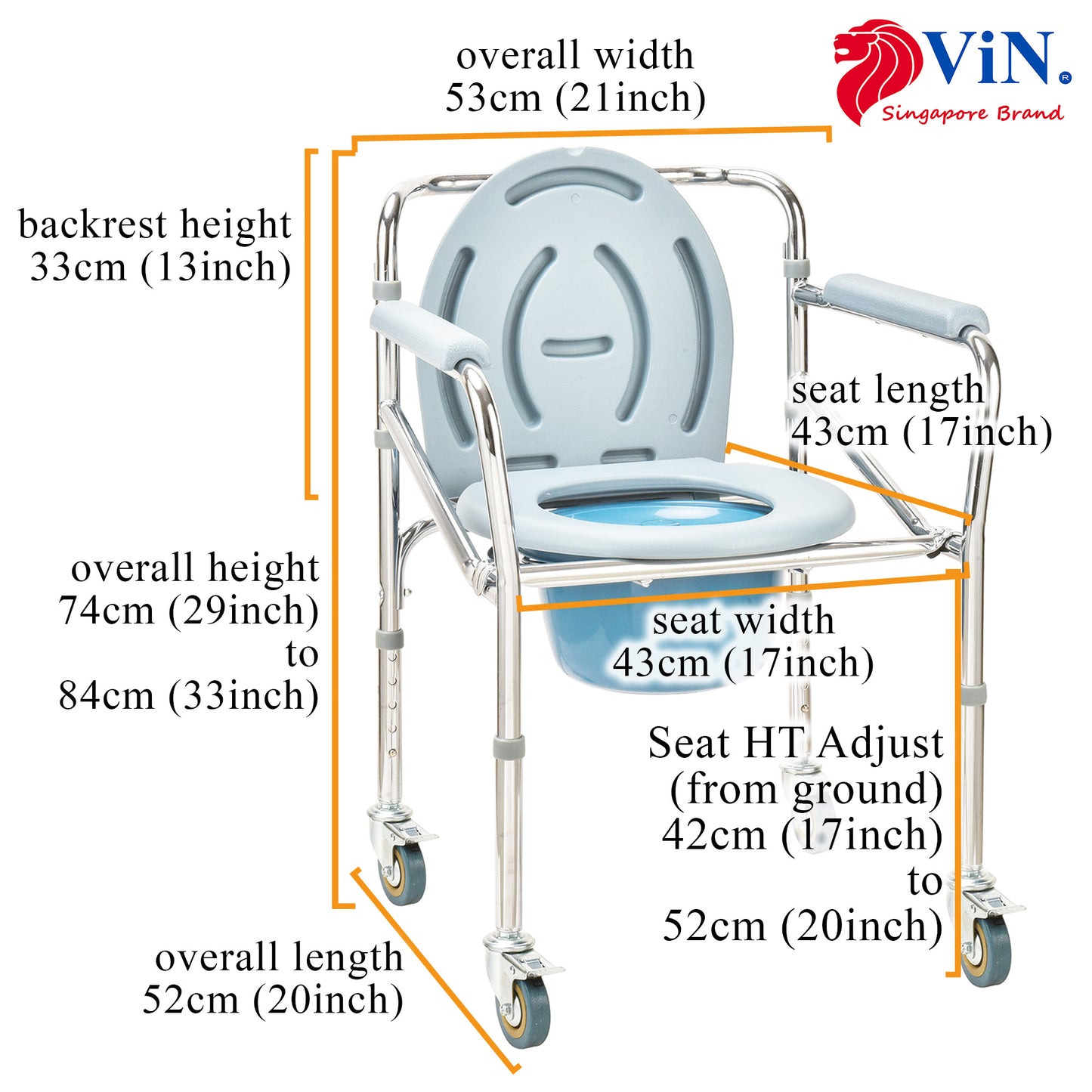 ViN K03 | Commode Chair - Foldable + Adjustable height + 4 Lockable Wheels