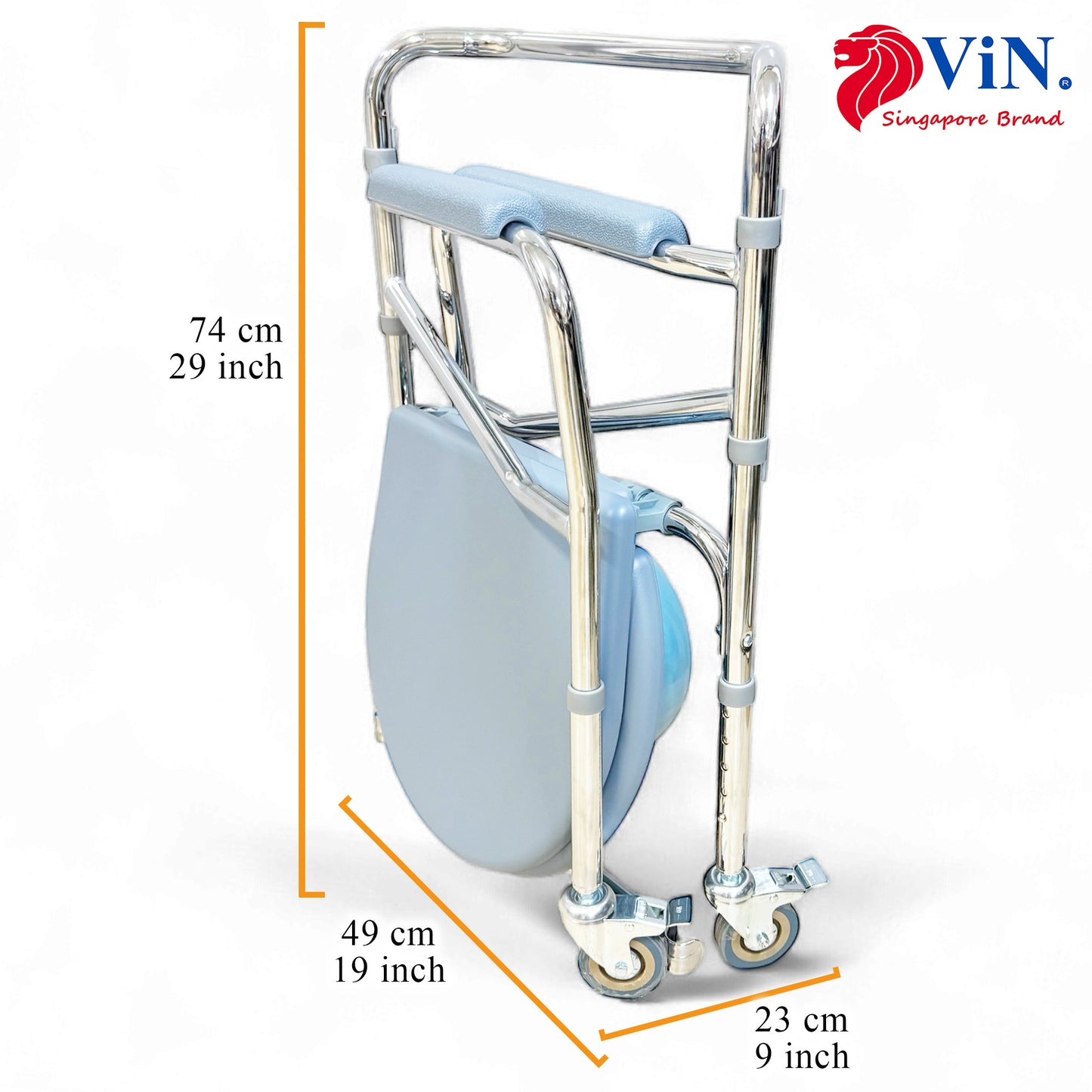 ViN K03 | Commode Chair - Foldable + Adjustable height + 4 Lockable Wheels