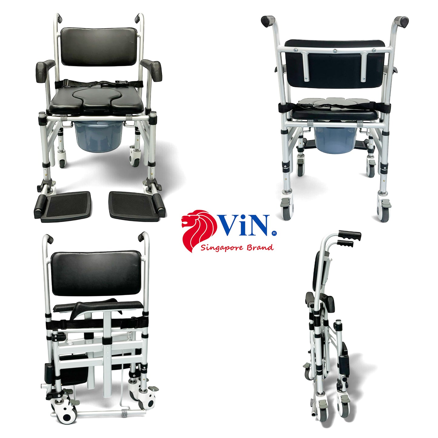 ViN Z05 | Shower Commode Indoor Wheelchair - Foldable + Adjustable height + 4 Lockable Wheels - Flip Down Armrest