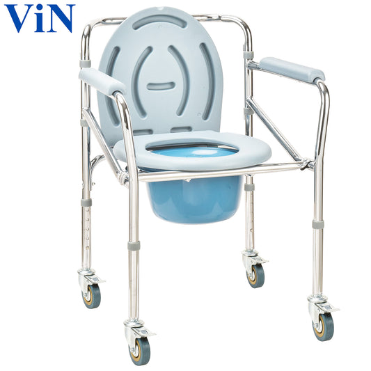 ViN K03 | Commode Chair - Foldable + Adjustable height + 4 Lockable Wheels