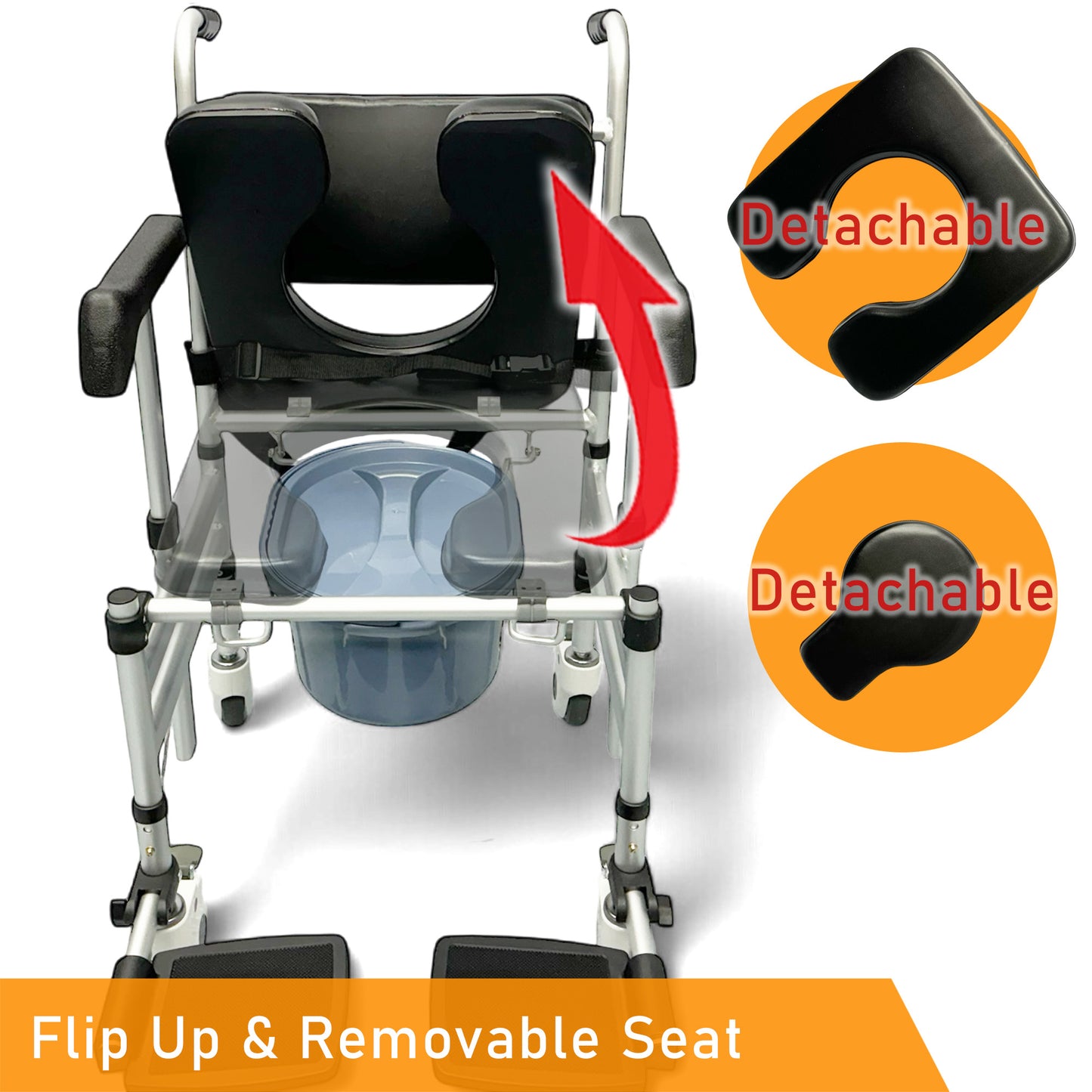 ViN Z05 | Shower Commode Indoor Wheelchair - Foldable + Adjustable height + 4 Lockable Wheels - Flip Down Armrest