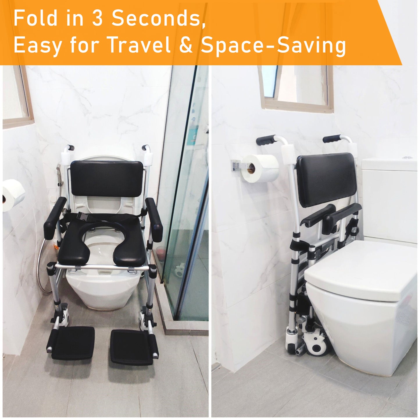 ViN Z05 | Shower Commode Indoor Wheelchair - Foldable + Adjustable height + 4 Lockable Wheels - Flip Down Armrest